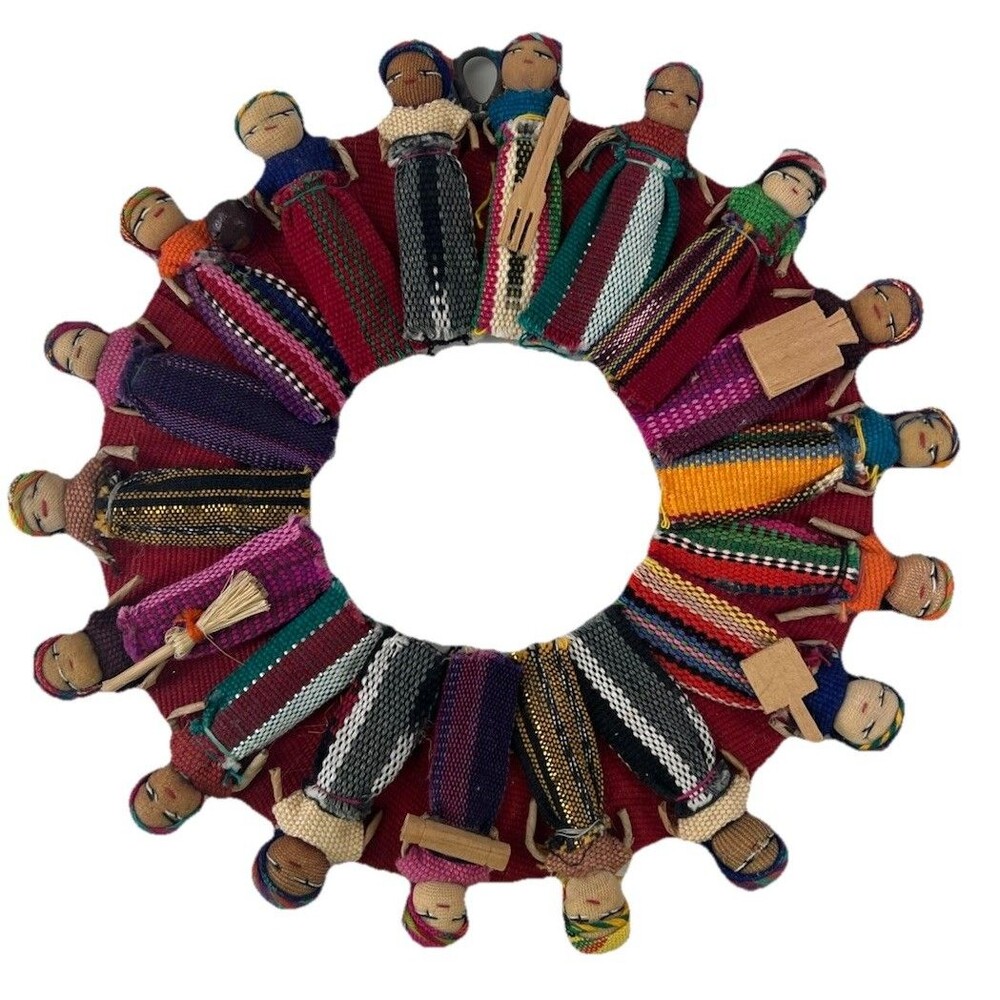 Peru Peruvian Guatemalan Worry Doll Women Wreath Hang Folk Art Handcrafted Gift